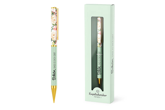 Kugelschreiber „Schön, dass es Dich gibt“ in Weiß & Mintgrün mit Blumenstrauß-Motiv von Geschenk für Dich