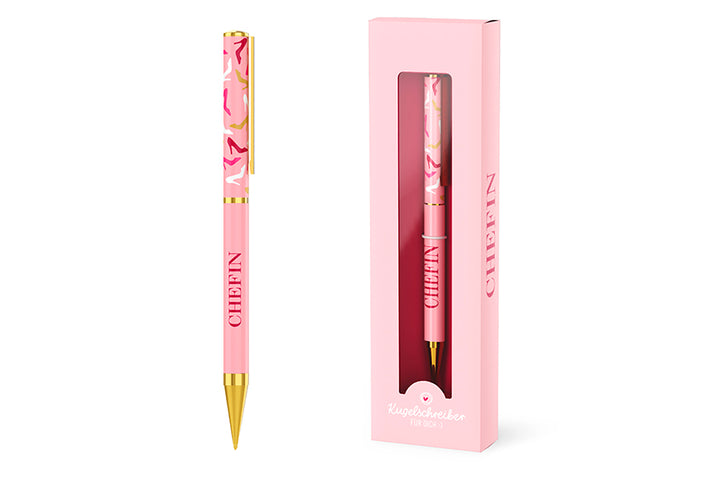 Kugelschreiber „Chefin“ in Rosa Gold mit Pumps-Motiv von Geschenk für Dich