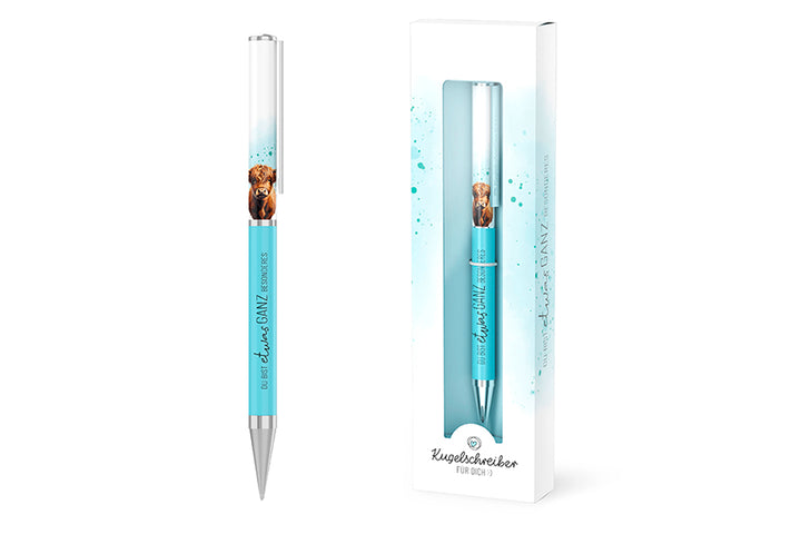 Geschenk für Dich Kugelschreiber „Du bist etwas ganz Besonderes“ mit süßem Hochlandrind-Motiv, Edelstahlgehäuse, blauer Mine und Geschenkverpackung.
