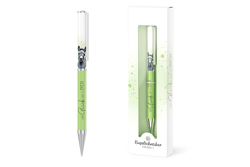 Kugelschreiber mit Spruch „Zum Glück gibt es Dich“ und Esel Motiv von Geschenk für Dich