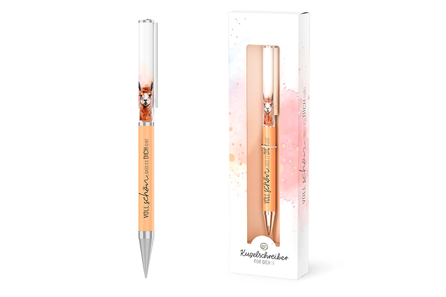 Kugelschreiber „Voll schön, dass es Dich gibt“ mit Alpaka-Motiv von Geschenk für Dich