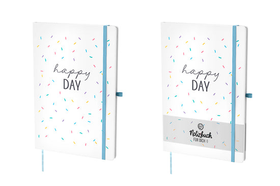 Hardcover-Notizbuch „Happy Day“ in Weiß mit buntem Konfetti. 96 linierte Seiten, Lesezeichen & Stiftehalter von Geschenk für Dich