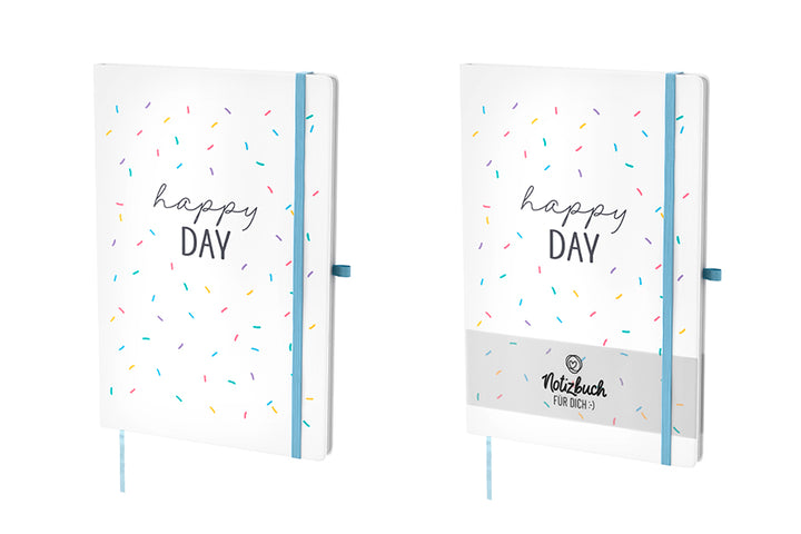 Hardcover-Notizbuch „Happy Day“ in Weiß mit buntem Konfetti. 96 linierte Seiten, Lesezeichen & Stiftehalter von Geschenk für Dich