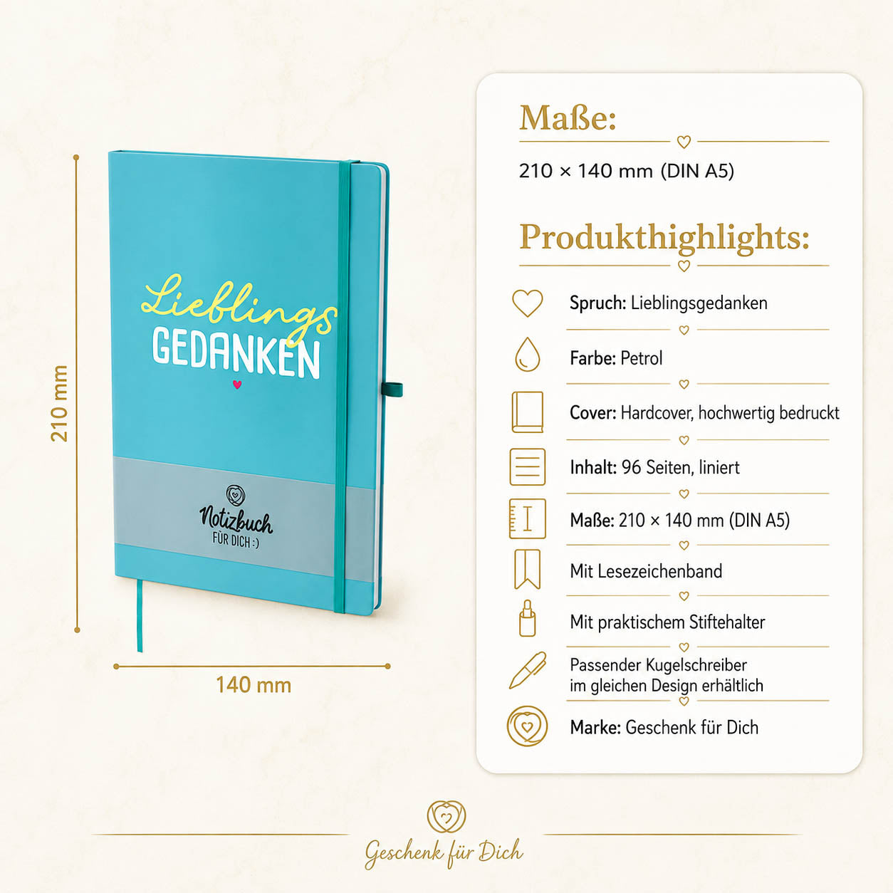 Notizbuch A5 „Lieblingsgedanken“ Petrol – Geschenk für Dich (Highlight)