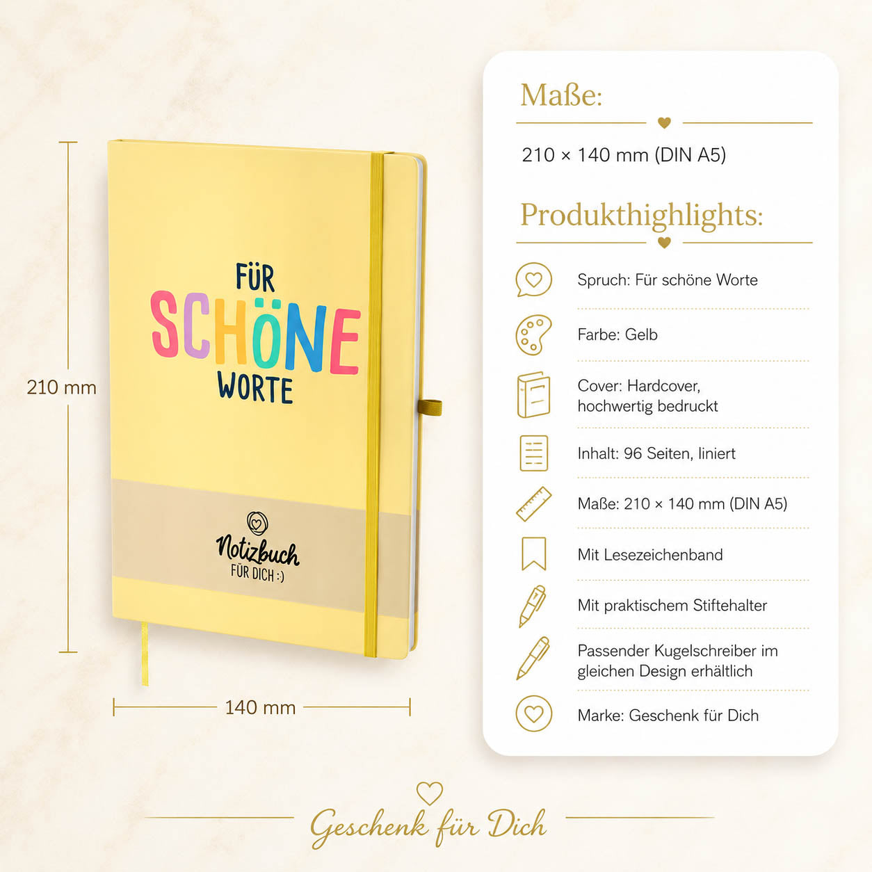 Notizbuch A5 „Für schöne Worte“ Gelb – Geschenk für Dich (Highlight)