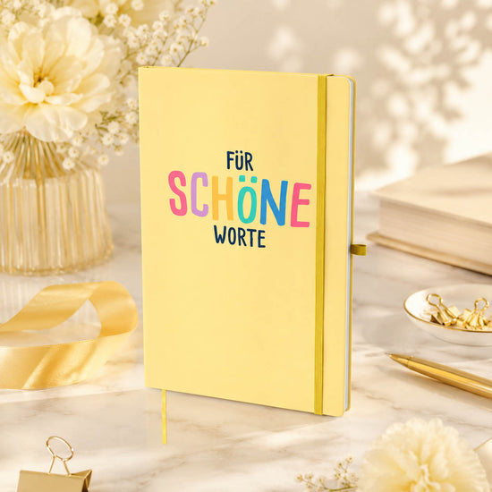 Notizbuch A5 „Für schöne Worte“ Gelb – Geschenk für Dich (Moodbild)