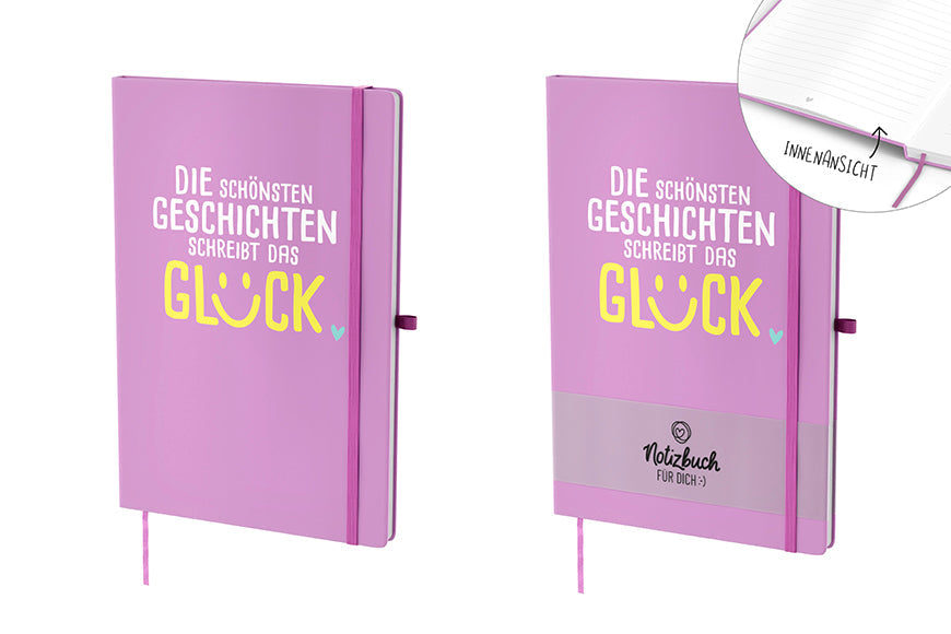 Notizbuch A5 „Die schönsten Geschichten schreibt das Glück“ Violett – Geschenk für Dich