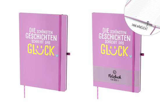Notizbuch A5 „Die schönsten Geschichten schreibt das Glück“ Violett – Geschenk für Dich