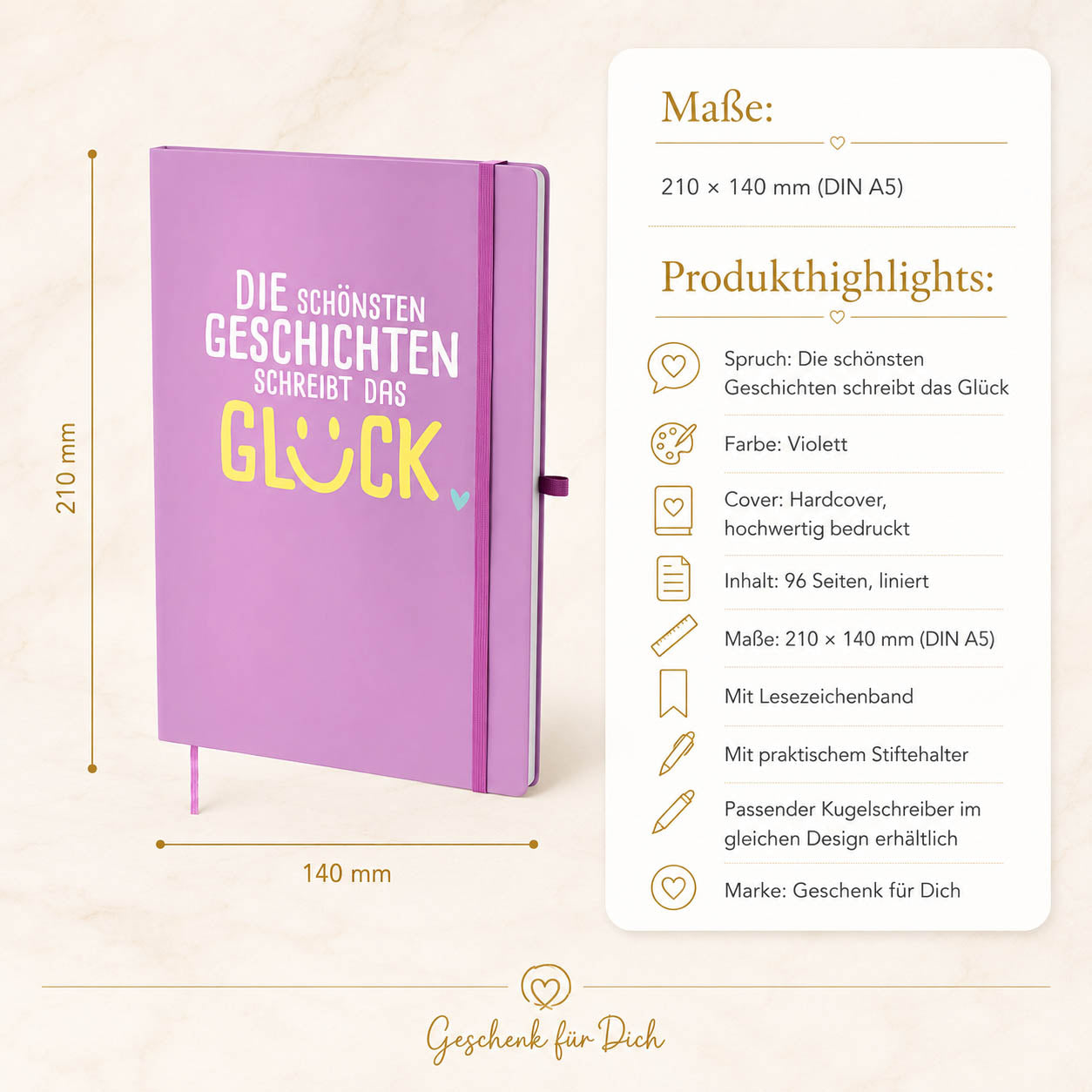 Notizbuch A5 „Die schönsten Geschichten schreibt das Glück“ Violett – Geschenk für Dich (Highlight)