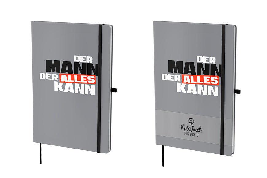 Graues Hardcover-Notizbuch „Der Mann der alles kann“ mit 96 linierten Seiten, Lesezeichen & Stiftehalter von Geschenk für Dich