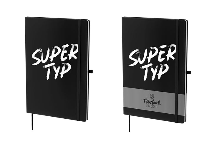 Schwarzes Hardcover-Notizbuch „Super Typ“ mit 96 linierten Seiten, Lesezeichen & Stiftehalter von Geschenk für Dich