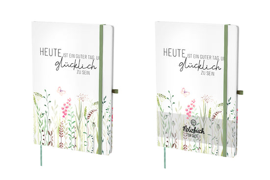 Weißes Hardcover-Notizbuch mit Blumenwiese und motivierendem Spruch. 96 linierte Seiten, Lesezeichen & Stiftehalter von Geschenk für Dich