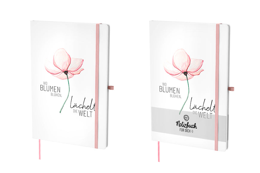 Weißes Hardcover-Notizbuch mit Blumenblüte und Spruch „Wo Blumen blühen von Geschenk für Dich