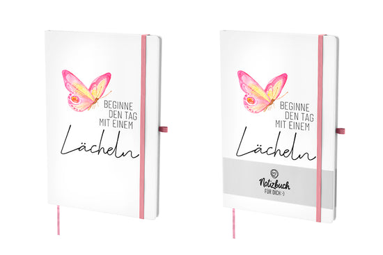 Weißes Hardcover-Notizbuch „Beginne den Tag mit einem Lächeln“ mit rosa-gelbem Schmetterling von Geschenk für Dich