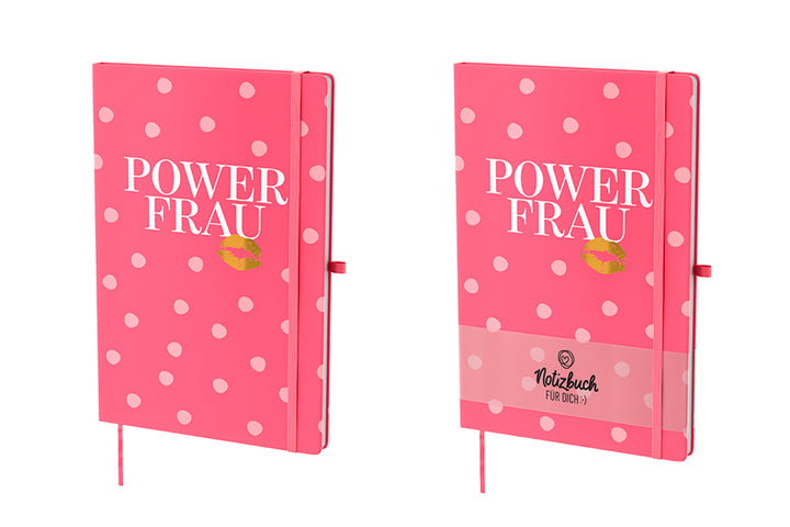 Pinkes Hardcover-Notizbuch „Power Frau“ mit goldenem Kussmund. Mit Lesezeichen & Stiftehalter von Geschenk für Dich