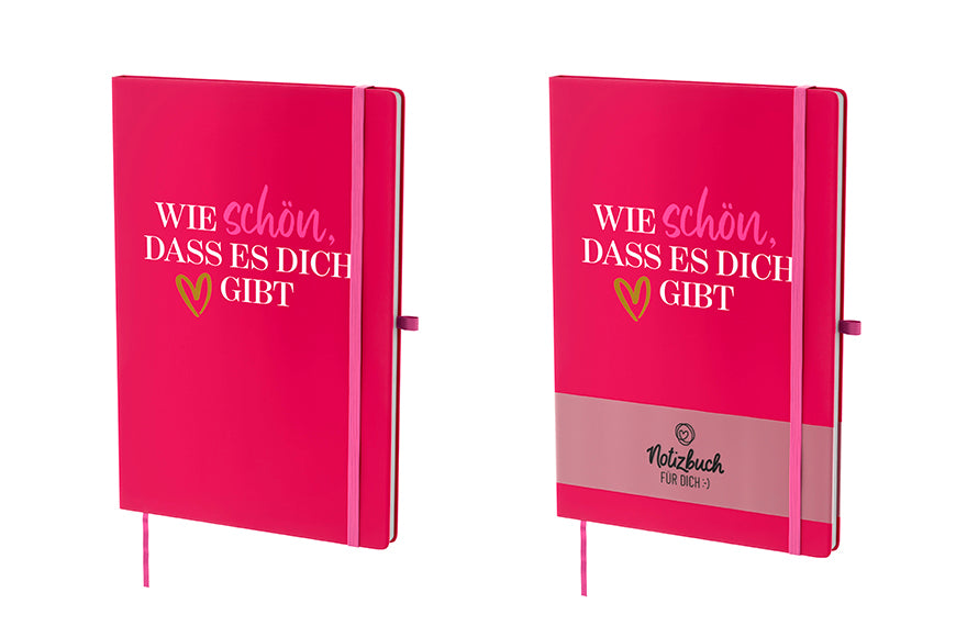 Pinkes Hardcover-Notizbuch „Wie schön, dass es Dich gibt“ mit goldenem Herz. 96 linierte Seiten, Lesezeichen & Stiftehalter von Geschenk für Dich