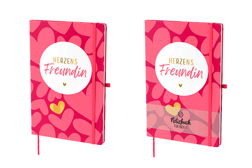 Pinkes Hardcover-Notizbuch „Herzens Freundin“ mit Herzmotiven und goldenem Akzent. 96 linierte Seiten, Lesezeichen & Stiftehalter von Geschenk für Dich