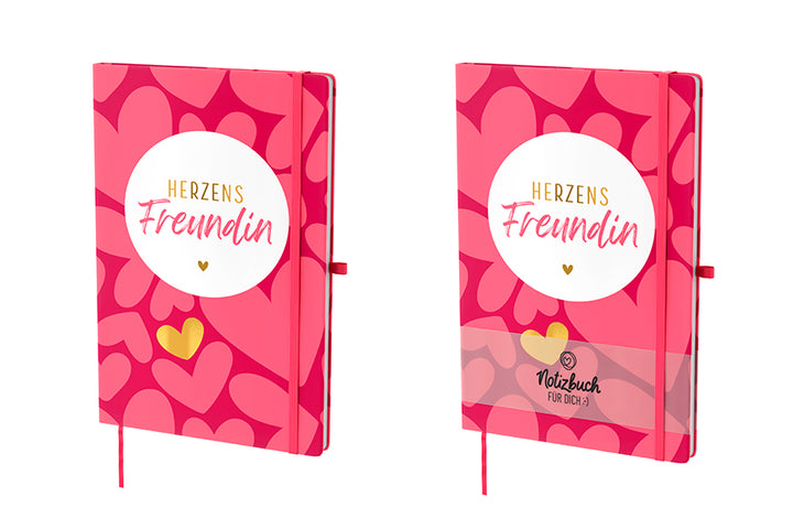 Pinkes Hardcover-Notizbuch „Herzens Freundin“ mit Herzmotiven und goldenem Akzent. 96 linierte Seiten, Lesezeichen & Stiftehalter von Geschenk für Dich