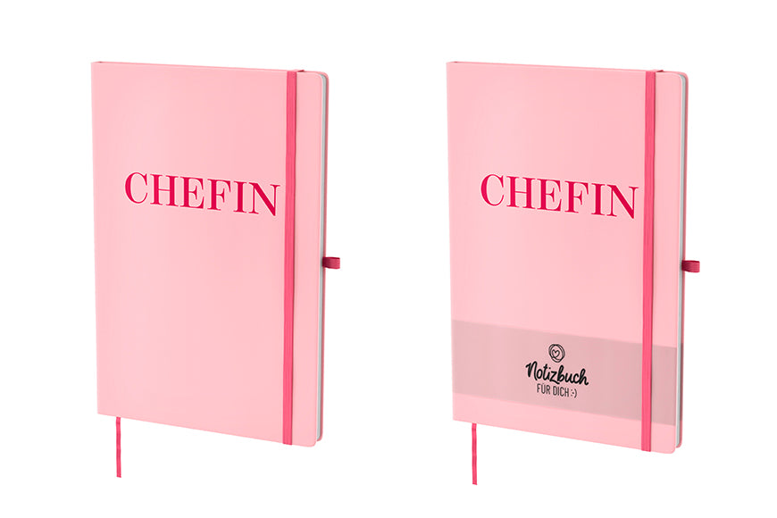 Rosa Hardcover-Notizbuch „Chefin“ mit pinker Aufschrift. 96 linierte Seiten, Lesezeichen & Stiftehalter von Geschenk für Dich