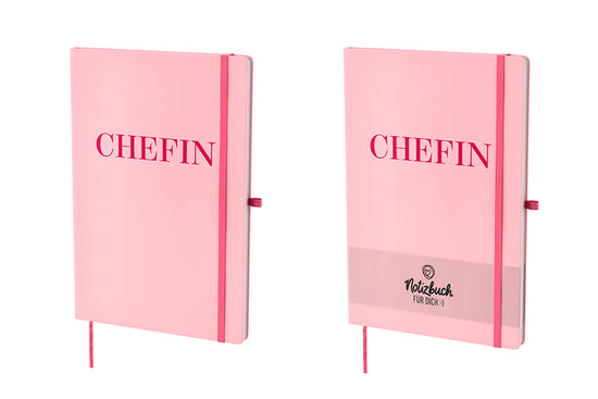 Rosa Hardcover-Notizbuch „Chefin“ mit pinker Aufschrift. 96 linierte Seiten, Lesezeichen & Stiftehalter von Geschenk für Dich