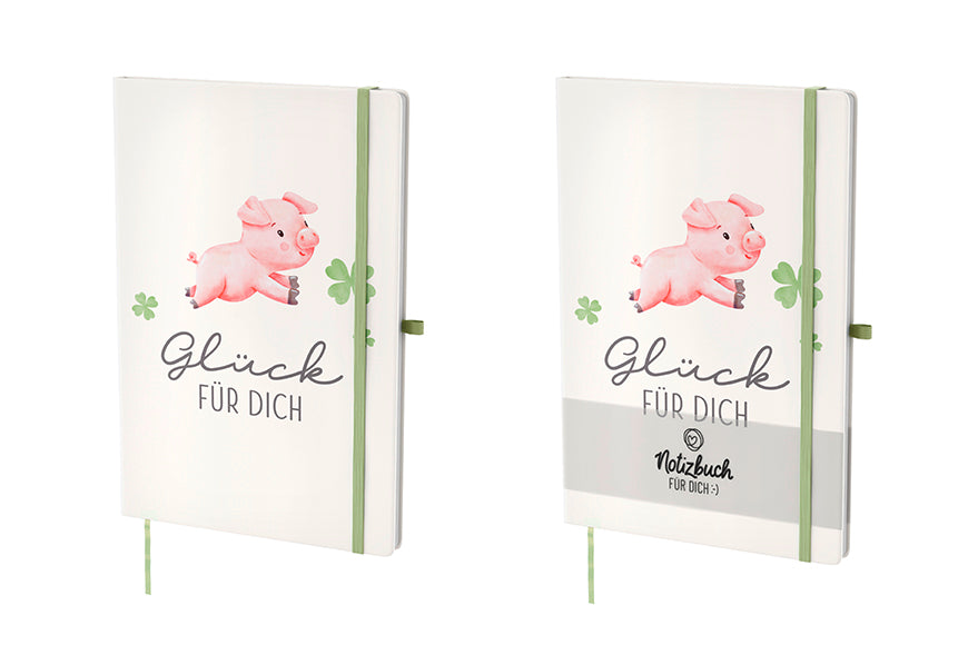 Weißes Hardcover-Notizbuch „Glück für Dich“ mit Glücksschwein- & Kleeblatt-Motiv. 96 linierte Seiten, Lesezeichen & Stiftehalter von Geschenk für Dich