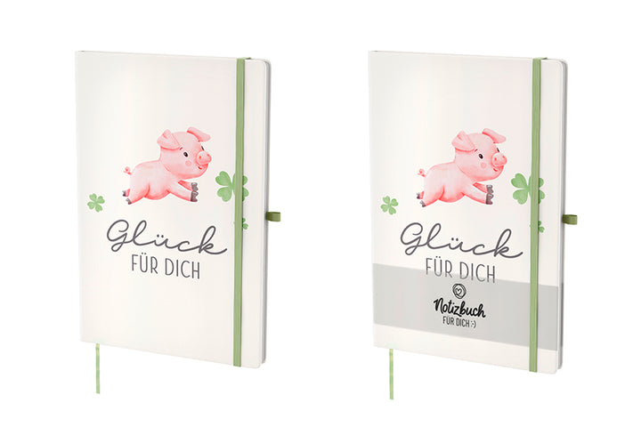 Weißes Hardcover-Notizbuch „Glück für Dich“ mit Glücksschwein- & Kleeblatt-Motiv. 96 linierte Seiten, Lesezeichen & Stiftehalter von Geschenk für Dich