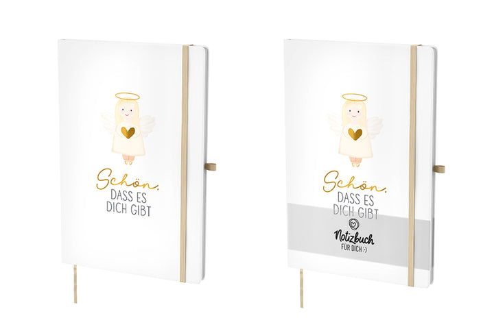 Weißes Hardcover-Notizbuch „Schön, dass es Dich gibt“ mit Engelmotiv und goldener Schrift. mit Lesezeichen & Stiftehalter von Geschenk für Dich