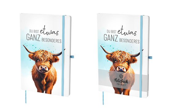 Hardcover-Notizbuch mit Hochlandrind-Motiv und Spruch „Du bist etwas ganz Besonderes“. 96 linierte Seiten, Lesezeichen & Stiftehalter von Geschenk für Dich