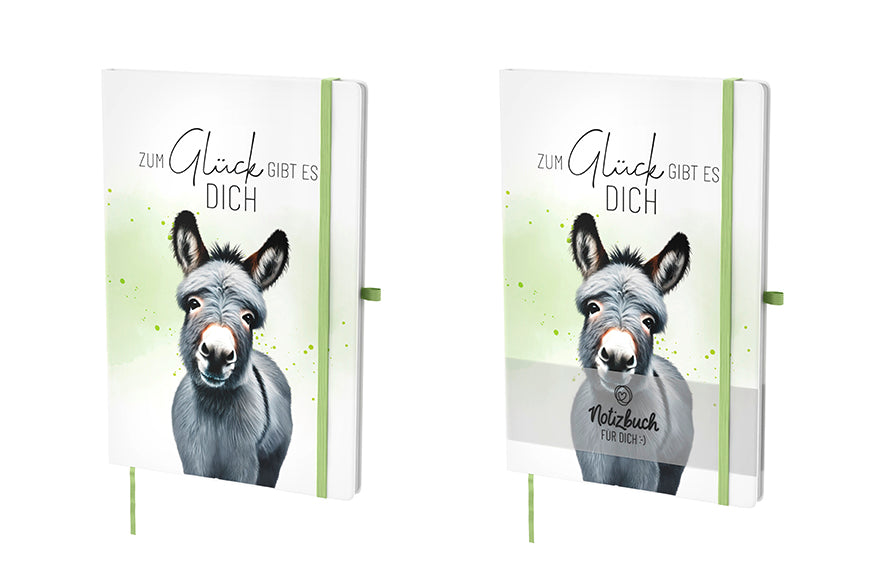 Hardcover-Notizbuch mit Esel-Motiv und Spruch „Zum Glück gibt es Dich“. 96 linierte Seiten, Lesezeichen & Stiftehalter von Geschenk für Dich