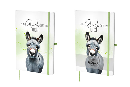Hardcover-Notizbuch mit Esel-Motiv und Spruch „Zum Glück gibt es Dich“. 96 linierte Seiten, Lesezeichen & Stiftehalter von Geschenk für Dich