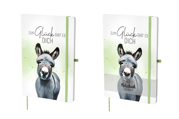 Hardcover-Notizbuch mit Esel-Motiv und Spruch „Zum Glück gibt es Dich“. 96 linierte Seiten, Lesezeichen & Stiftehalter von Geschenk für Dich