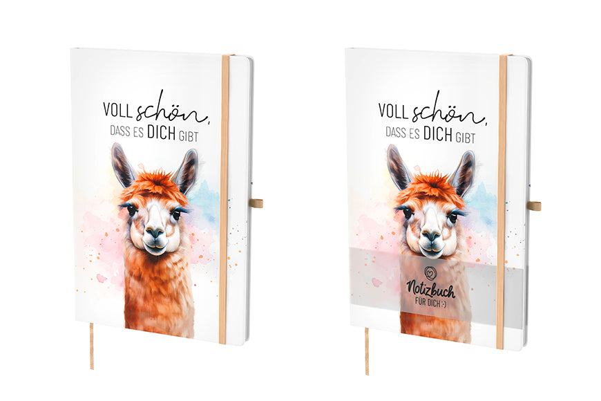 Hardcover-Notizbuch mit Alpaka-Motiv und Spruch „Voll schön, dass es Dich gibt“. 96 linierte Seiten, Lesezeichen & Stiftehalter von Geschenk für Dich