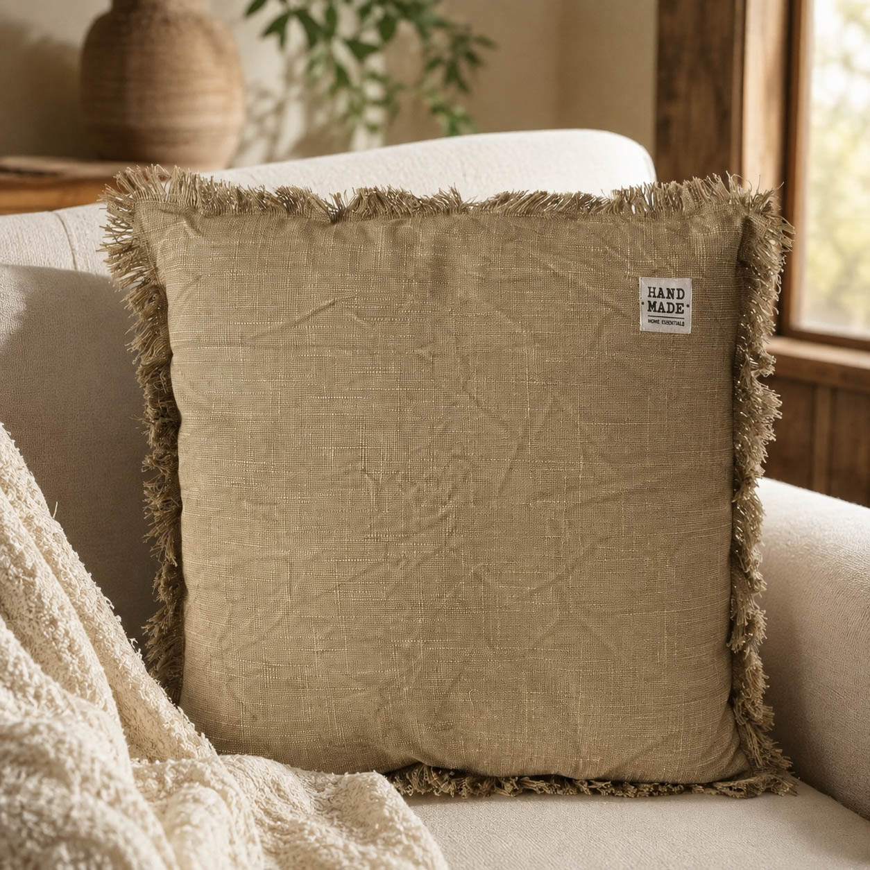 Boho Kissen „Lenea" beige im Wohnraum