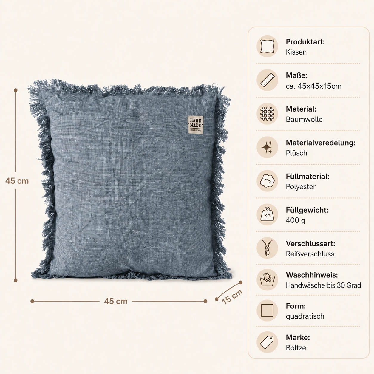 Boho Kissen „Lenea" blaugrau – Maße und Materialangaben