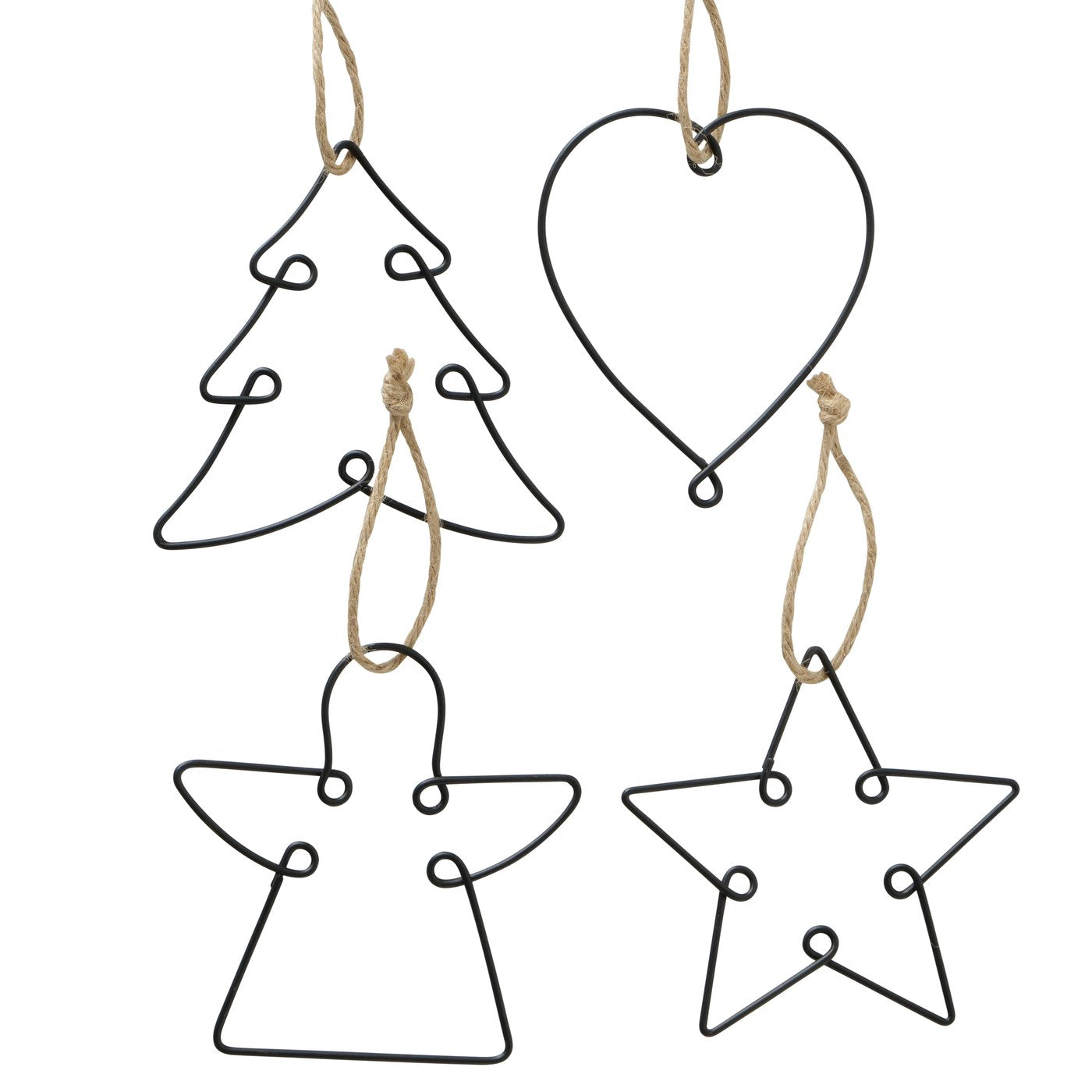 4er Set Deko-Hänger aus schwarzem Metalldraht von Boltze – Stern, Baum, Engel & Herz. Ca. 12 cm hoch. Moderne, elegante Weihnachtsdeko zum Aufhängen.