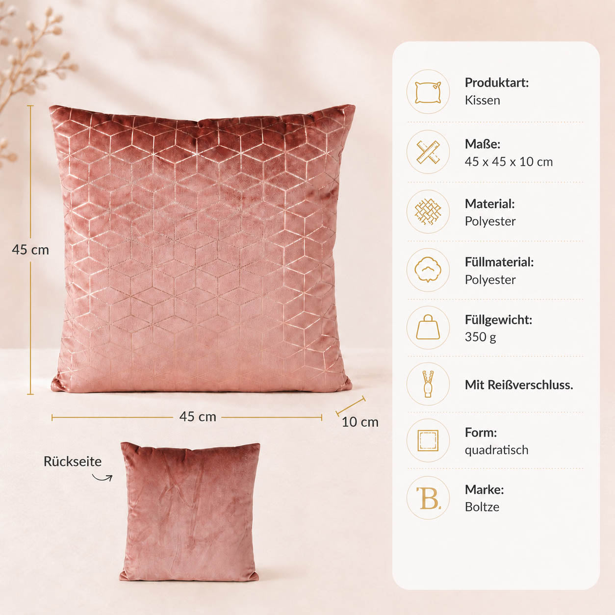 Produktdetails Dekokissen altrosa gold: 45 x 45 x 10 cm, Polyester, 350 g Füllung, mit Reißverschluss
