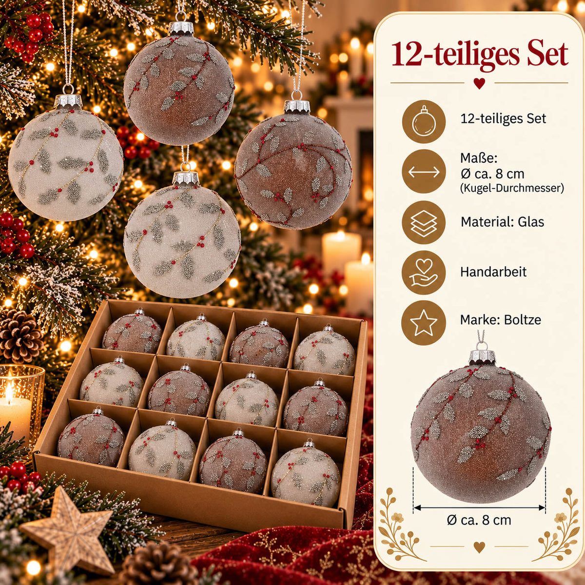 Infografik Weihnachtskugeln „Trollan“: 12-teiliges Set, Ø ca. 8 cm, Glas, Handarbeit, Marke Boltze – braune Kugel mit Beerenzweig aus Perlen