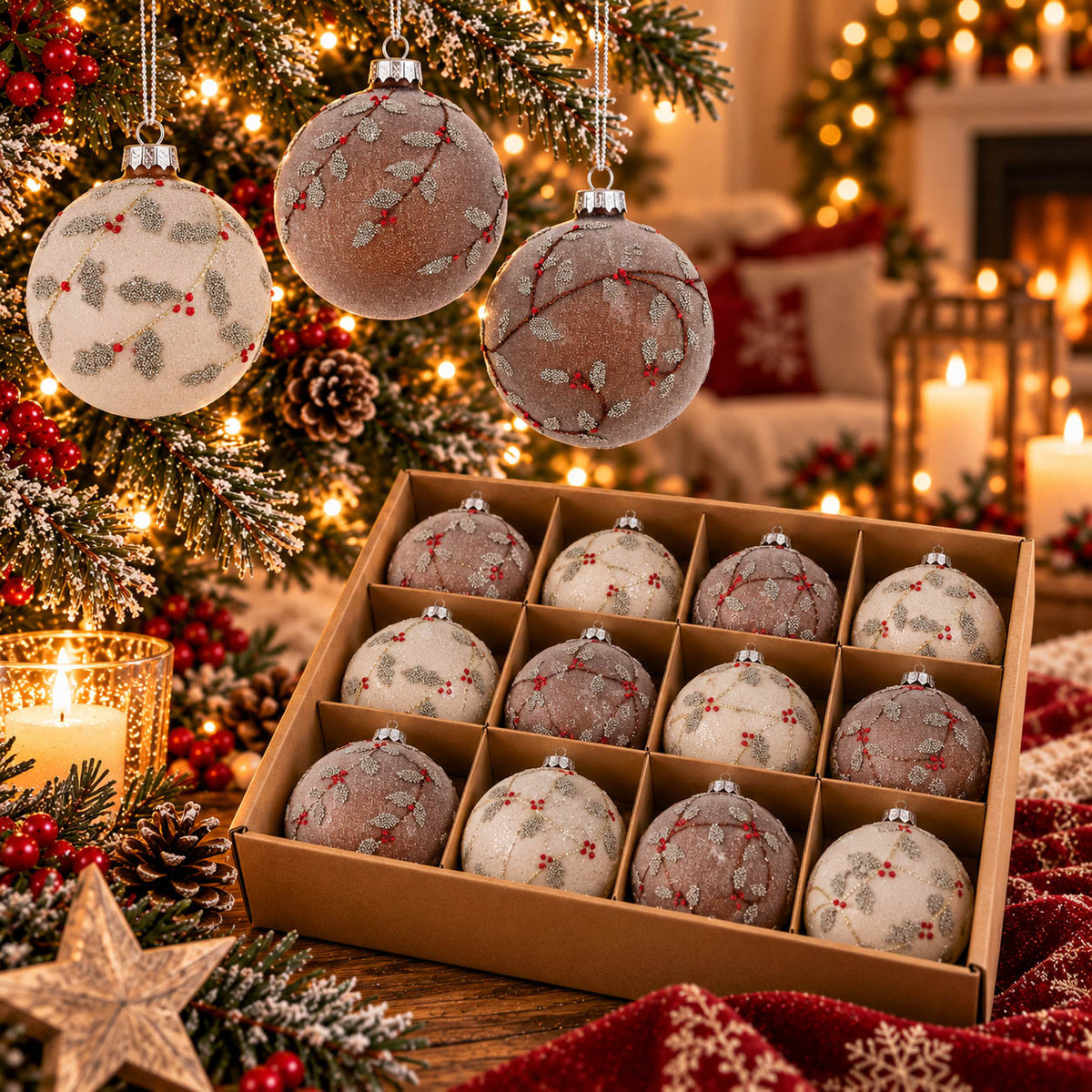 Weihnachtskugeln „Trollan“ Ø 8 cm in Braun und Taupe mit Perlen-Zweigen und roten Beeren am Tannenzweig, darunter die Box mit 12 Fächern – Glas, Handarbeit, Boltze