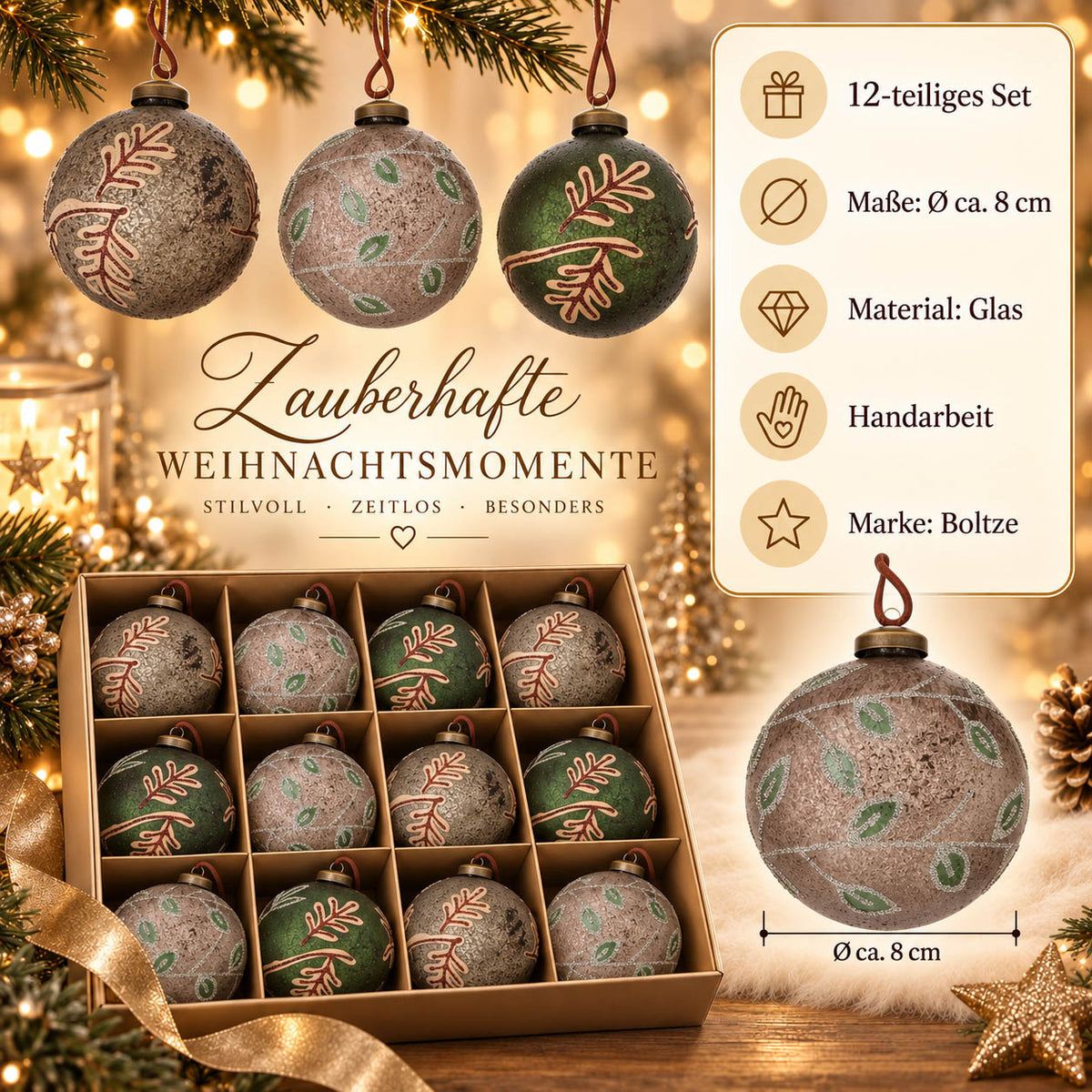 Infografik Weihnachtskugeln „Fayna“: 12-teiliges Set, Ø ca. 8 cm, Glas, Handarbeit, Marke Boltze – beige Kugel mit Perlenranke und grünen Blättern