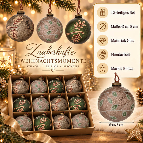 Infografik Weihnachtskugeln „Fayna“: 12-teiliges Set, Ø ca. 8 cm, Glas, Handarbeit, Marke Boltze – beige Kugel mit Perlenranke und grünen Blättern