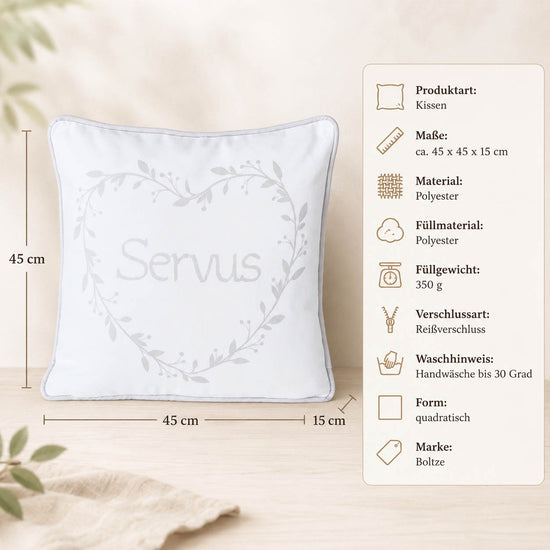 Kissen „Servus" – Maße und Materialangaben