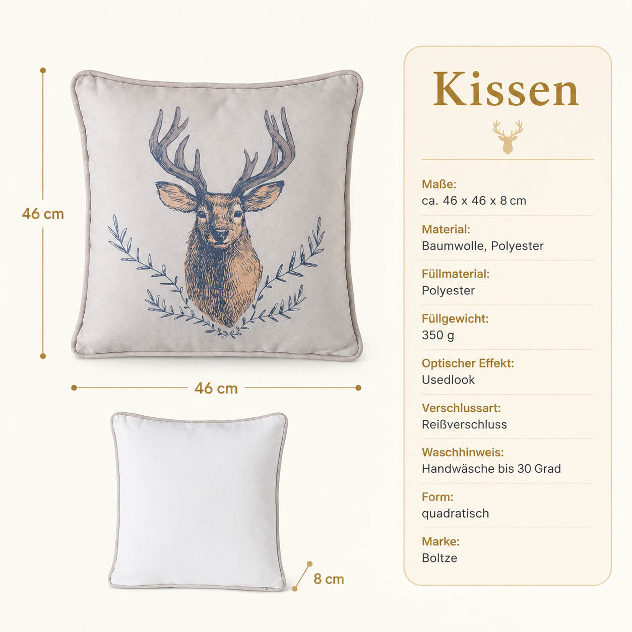 Produktdetails Kissen Hirschmotiv beige: 46x46x8 cm, Füllung 350 g, Reißverschluss, Usedlook