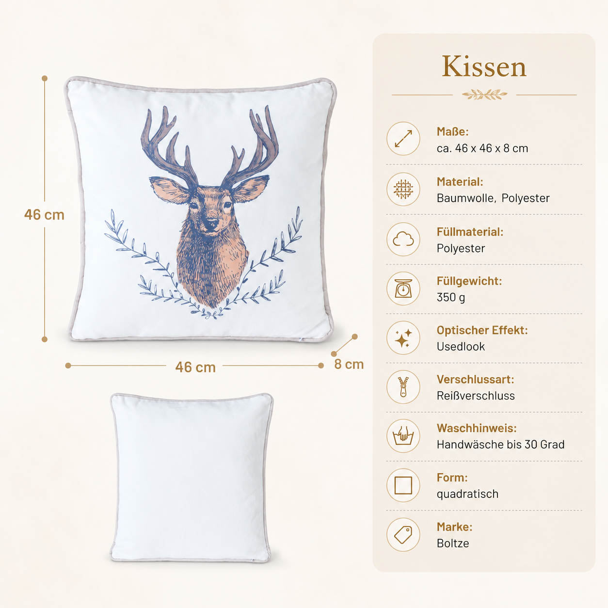 Produktdetails Kissen Hirschmotiv weiß: 46x46x8 cm, Baumwolle und Polyester, Füllung 350 g, Usedlook, Handwäsche bis 30 Grad