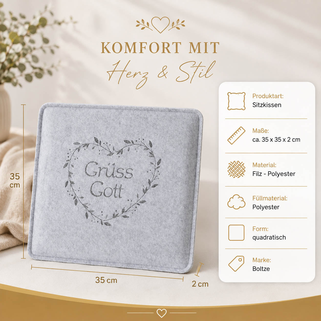 Produktdetails Sitzkissen Grüss Gott: 35x35x2 cm, Filz aus Polyester, quadratisch, Marke Boltze