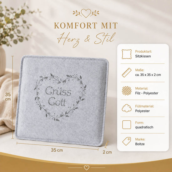 Produktdetails Sitzkissen Grüss Gott: 35x35x2 cm, Filz aus Polyester, quadratisch, Marke Boltze