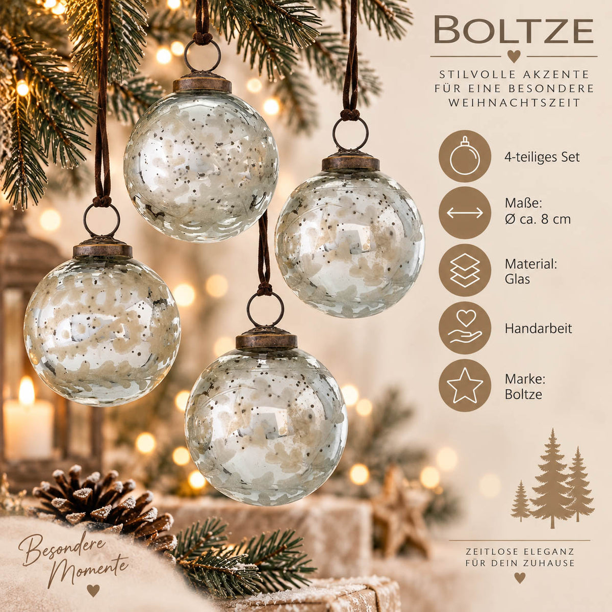 Infografik Weihnachtskugeln „Astoini“: 4-teiliges Set, Ø ca. 8 cm, Glas, Handarbeit, Marke Boltze – antiksilberne Kugel in Bauernsilber-Optik