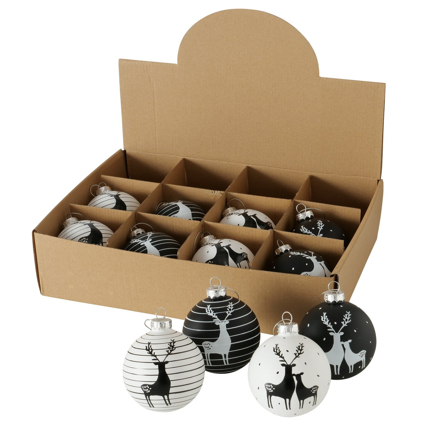 12-tlg. Weihnachtskugeln „Blacky“ von Boltze, Ø 8 cm, in Schwarz & Weiß matt mit Hirschmotiv