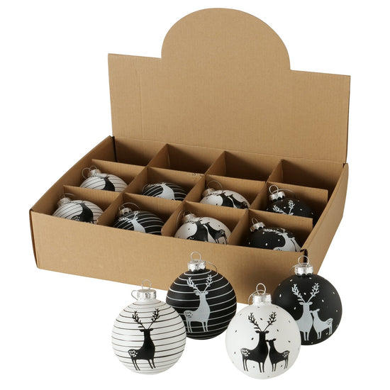 12-tlg. Weihnachtskugeln „Blacky“ von Boltze, Ø 8 cm, in Schwarz & Weiß matt mit Hirschmotiv