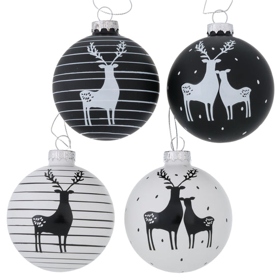 12-tlg. Weihnachtskugeln „Blacky“ von Boltze, Ø 8 cm, in Schwarz & Weiß matt mit Hirschmotiv