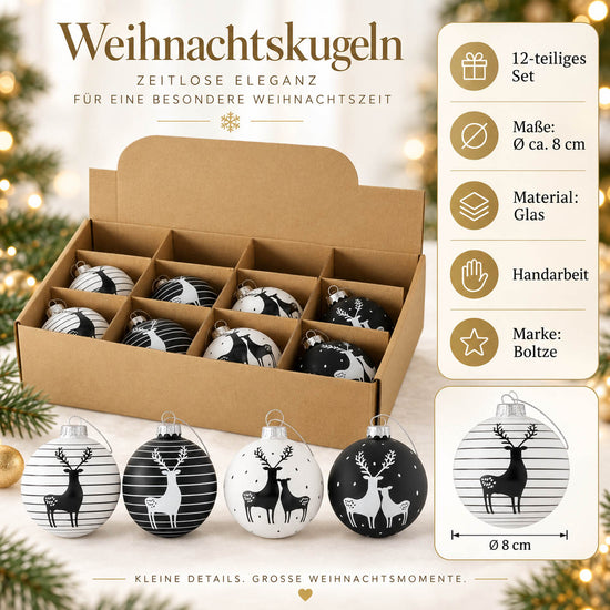 Infografik Weihnachtskugeln „Blacky“: 12-teiliges Set, Ø ca. 8 cm, Glas, Handarbeit, Marke Boltze – schwarz-weiße Kugeln mit Hirsch
